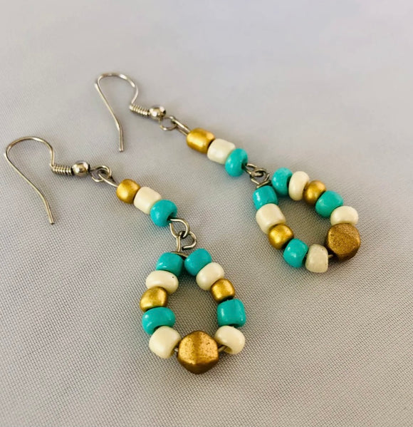 Teal and Gold Bead Earrings